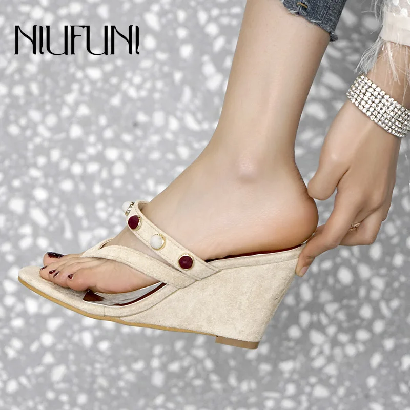

2019 New Arrival Pinch Sandals Flip-flops New Rivets Summer Women's Suede Wedges Sandals Flip-flops Women's Shoes Wear Slippers