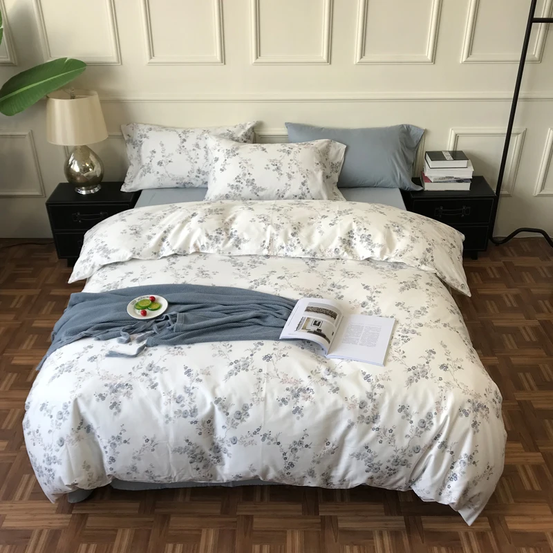 

iDouillet Floral Bedding Set 4-pieces 100% Cotton Plum Flowers Printed Zipper Duvet Cover Bed Flat Sheet 2 Pillowcases Bedroom