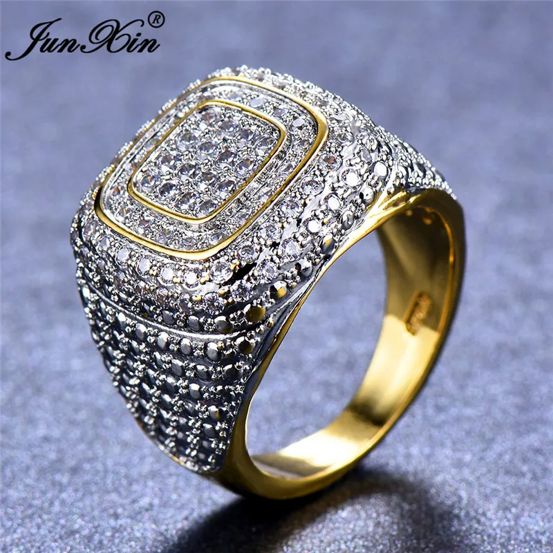 

Gorgeous Male Big Finger Ring Luxury Full Pave Crystal Zircon Stone Ring 18KT Yellow Gold Wedding Engagement Rings For Men