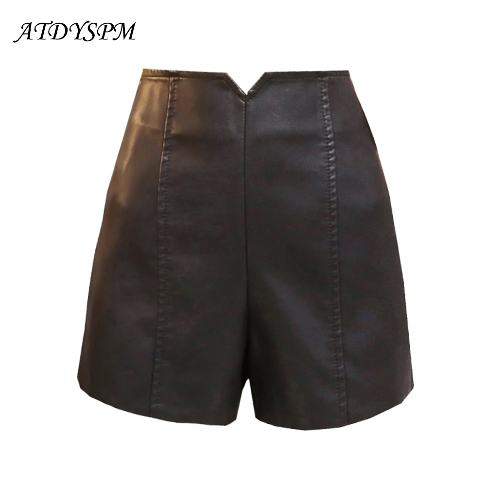 

Women autumn and winter leather shorts high waist black PU leather boots shorts outerwear female wide leg women shorts