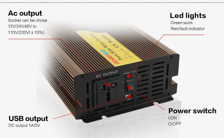 1000 Вт 12VDC/24VDC до 110VAC/220VAC Чистая синусоида Инвертор заряжается от батареи