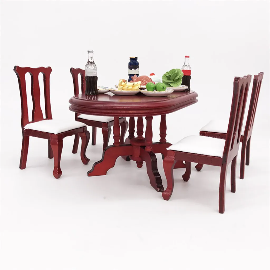 1:12 Dollhouse Simulation Miniature Furniture Red Wooden Color Dining Table Chair Set DIY Doll House Decoration Kids Toys A513 1:12 Dollhouse Simulation Miniature Furniture Red Wooden Color Dining Table Chair Set DIY Doll House Decoration Kids Toys A513