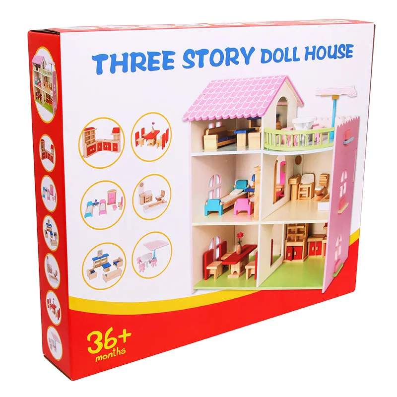 DIY بيت الدمية الخشبية ثلاثة قصة دمية مع أثاث مصغر مجموعات للدمى kawaii مسرحية لعبة للأطفال الهدايا
