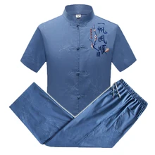 WAEOLSA Summer Men Slik 2pcs Pants Sets Gray Blue Orienal Twinset Man Tang Tunic Shirt And Trouser Suit Set Embroidery Ensemble