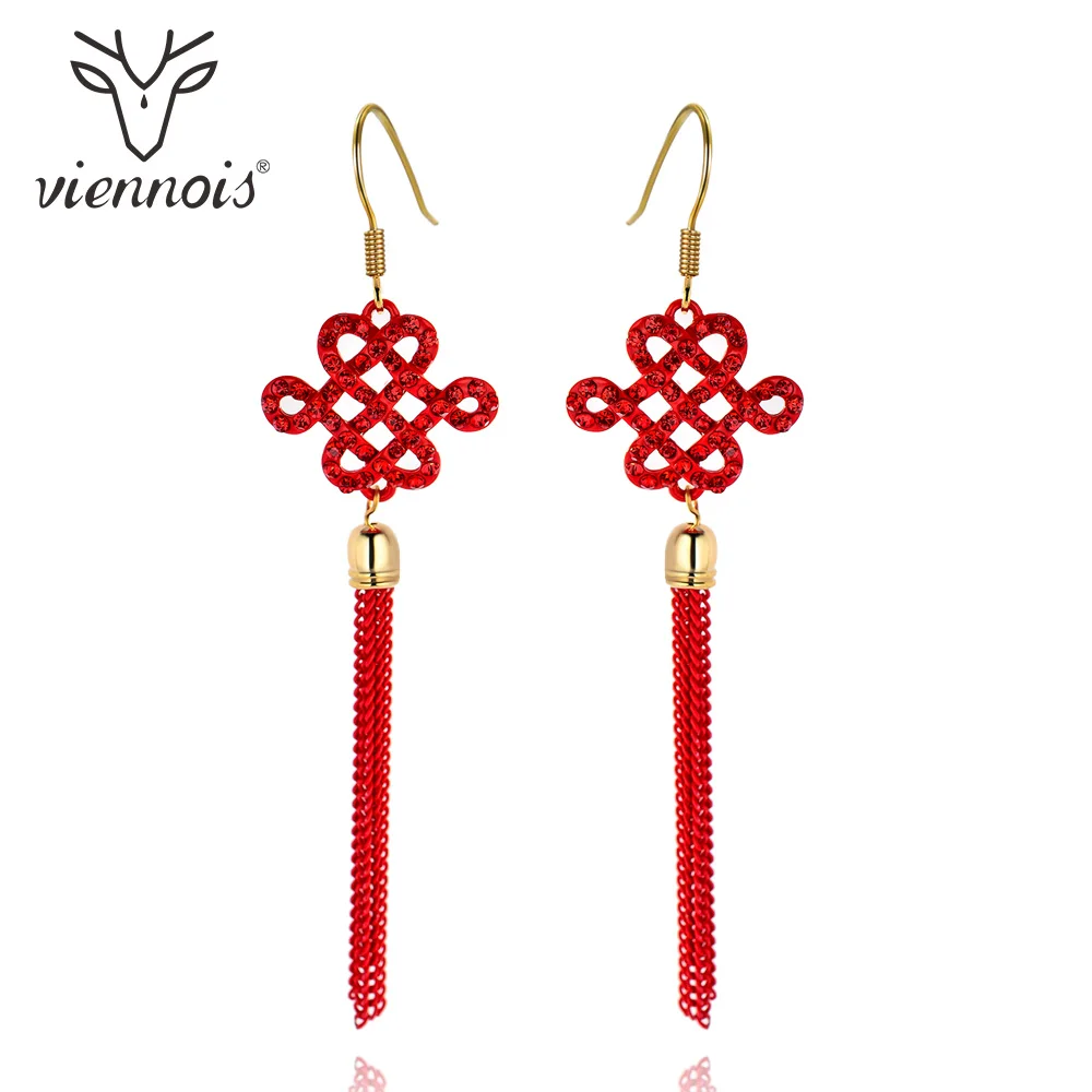 Viennois Red Color Chinese Knot Drop Earrings for Women Chinese Style