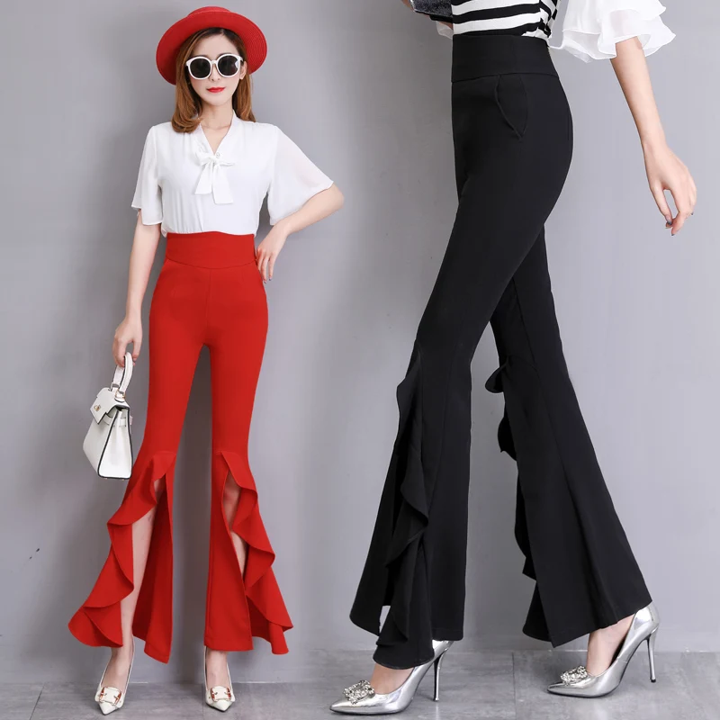

Women Skinny Slim Pants OL Lady High Work Office Waist Wear Irregular Ruffles Split Fitting Elastic Flare Suit Pants Trousers