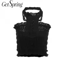 GETSPRING Women Crop Top Ruffles Sleeveless Cotton Off Shoulder Crop Tops Black Sexy Hollow Out Summer Top Women Fashion