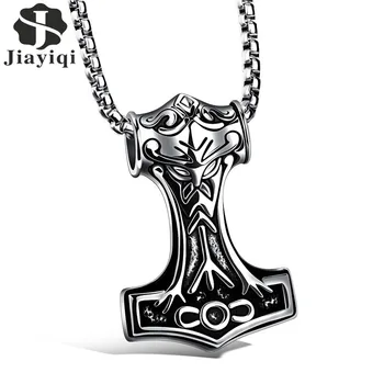 

Jiayiqi 2017 Punk Men Stainless Steel Thor Hammer Pendant Necklace Rock Style Statement Necklace Jewelry Accessories
