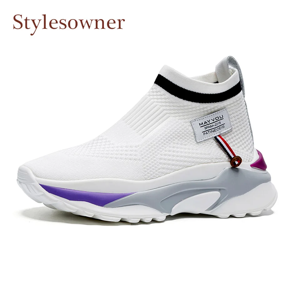 

Stylesowner 2018 new stretch knitting sock boots women mixed color thick sole appliques decor casual sneaker shoe platform flats