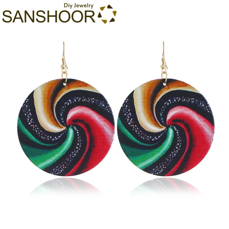

SANSHOOR Afro Retro Big Round Printed Wooden Dangle Earring African Colors Black Tribe Bohemian Jewelry for Women' Gifts 1 Pair