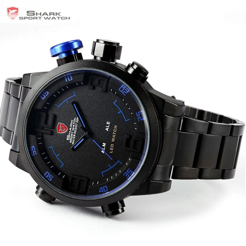 Gulper SHARK Sport Watch Luxury Brand LED Analog Date Quartz Blue Button Steel Strap Men Quartz Watches relogio masculino /SH106