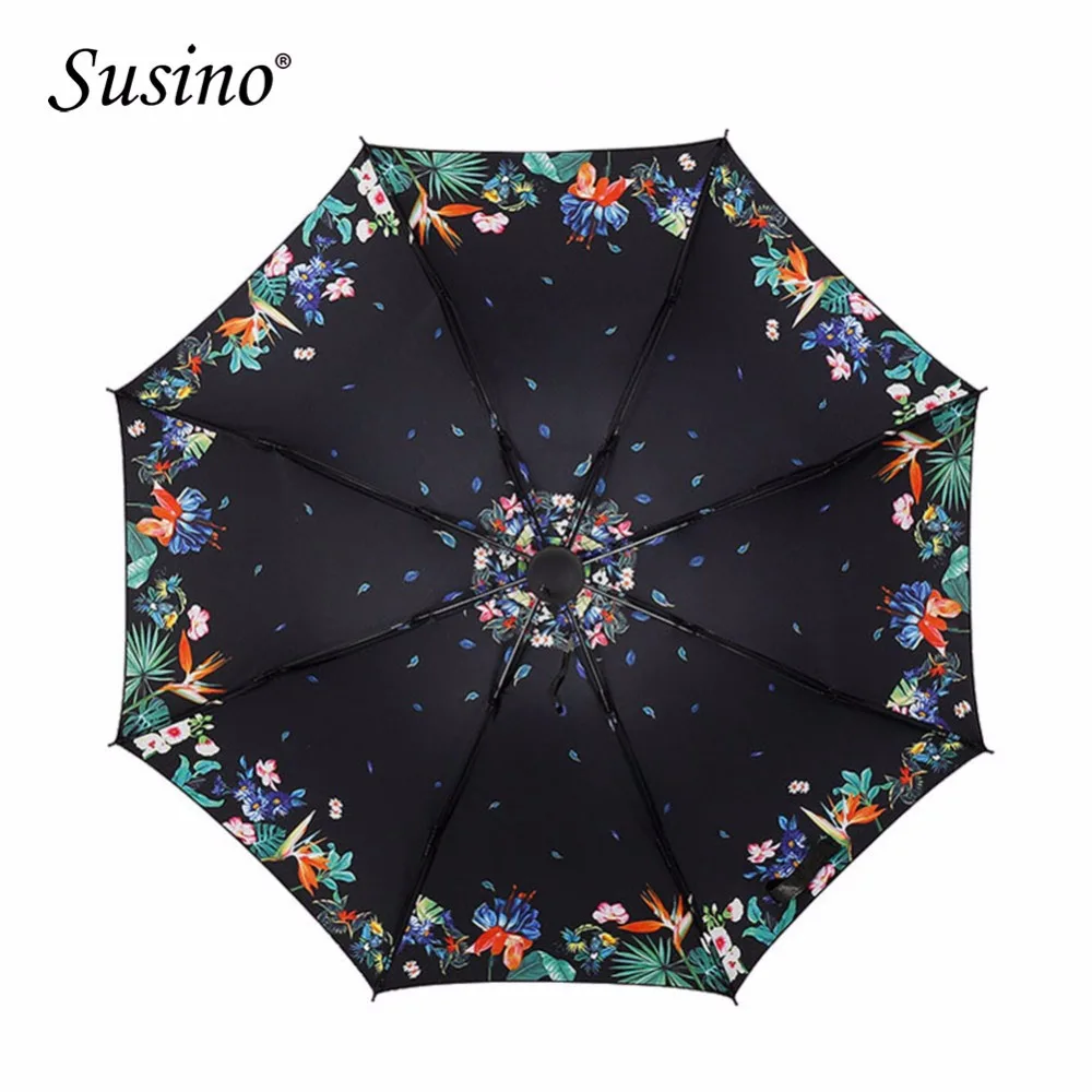 

Susino Umbrella Black Coating Uv Protection Sunny Rainy Umbrella Three folding Umbrella Pongee Water Flower Umbrella