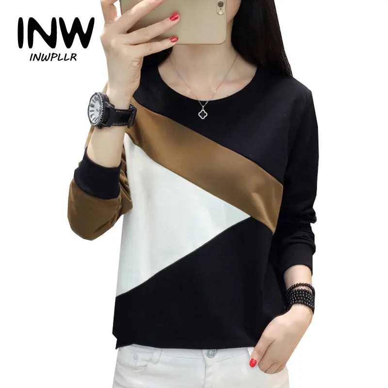 

Plus Size Tshirt Women Fashion Long Sleeve T-shirt Women Tops Casual Camiseta Femme Patchwork Tshirts Women Poleras Mujer 2019