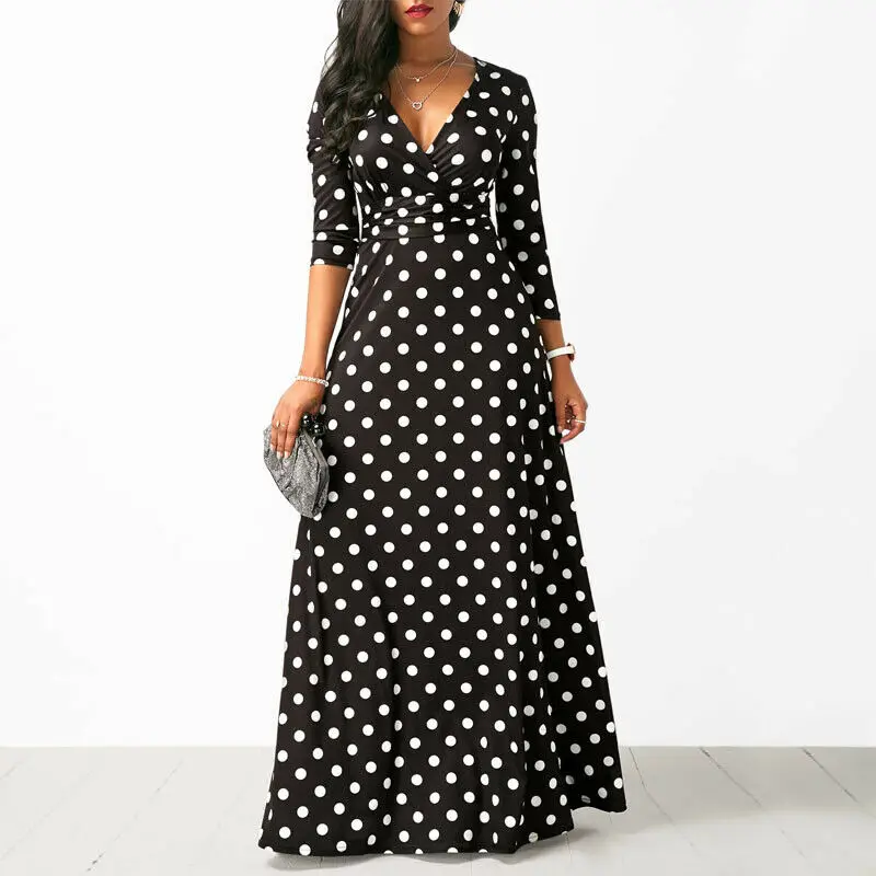 

2019 Summer Office Lady Elegant Dress Vintage Three Quarter Sleeve V-neck Polka Dot Long Dress for Women