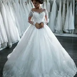 Роскошное Белое Бальное Платье из бисера, свадебные платья 2019, с длинными рукавами и круглым вырезом, свадебное платье, Robe de mariage vestidos de novia