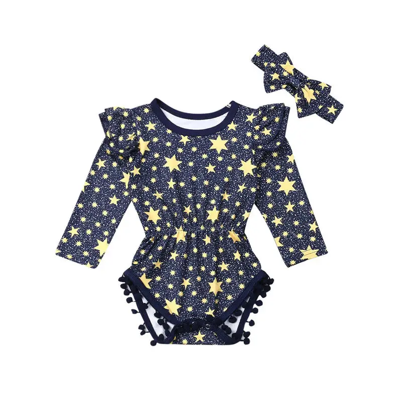 Bodysuit Baby Girls Newborn Kids Clothes Long Sleeve Jumpsuit Star Print Tassel Bodysuit+Headband 2pcs Toddler Infant Outfit