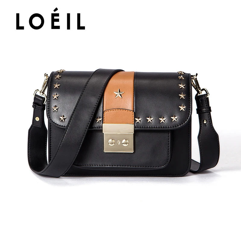 

LOEIL Wide shoulder strap rivet bag leather handbag contrast color single shoulder diagonal small square bag