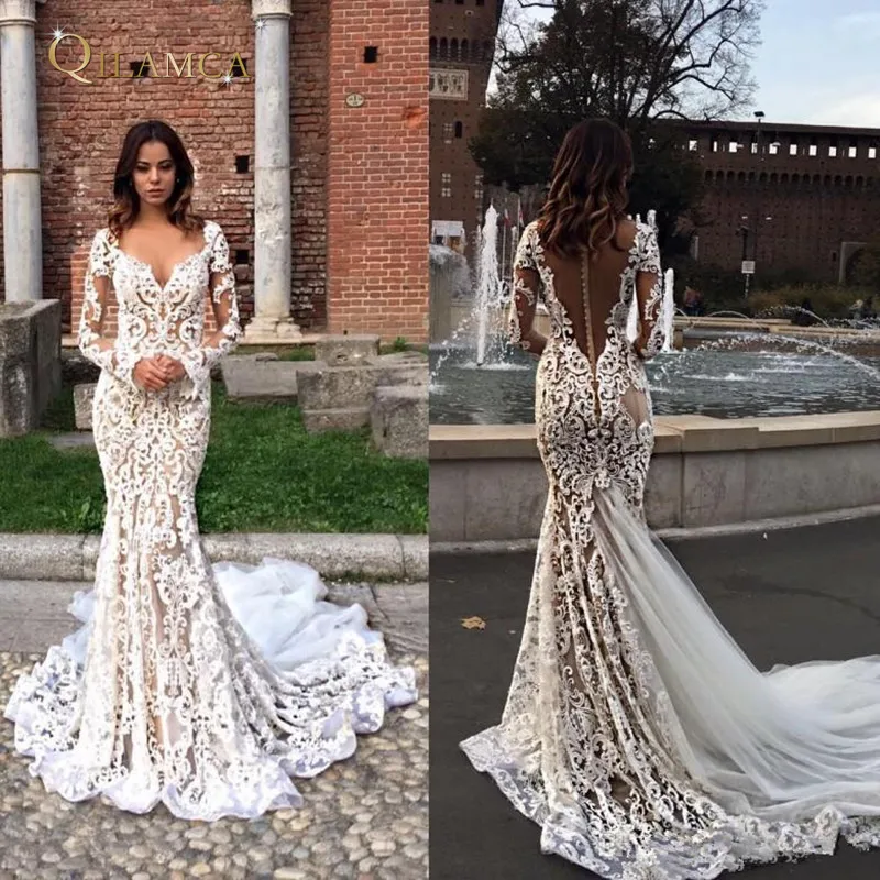 Modest Lace Mermaid 2019 Wedding Dresses Long Sleeves V Neck