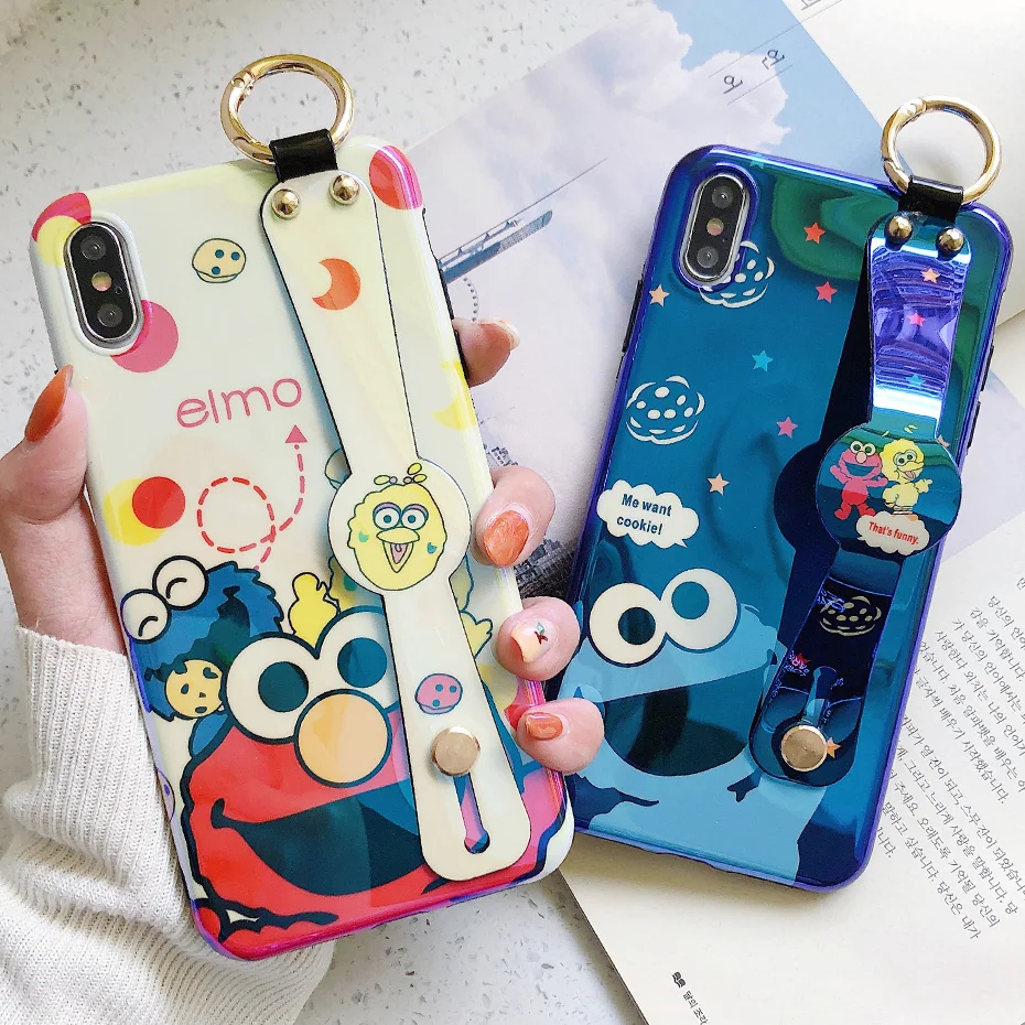 

Luxury Blu-ray Sesame Street elmo Case for iPhone X XS Max XR 6 6s 7 8 Plus Cartoon Cute Wrist Strap Stand soft IMD Phone Cover