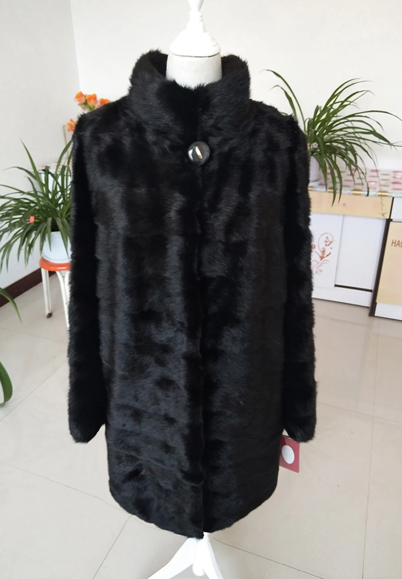 

Women's long mink coat 2019 fashion 100% leather coat Natural mink fur coat full leather jacket stand collar long sleeve