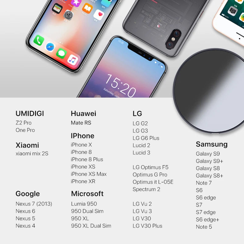 UMIDIGI Q1 15W Fast Wireless Charger pad for iPhone X/XS Max XR 8 8 Plus Samsung Galaxy Note 9 8 S9 S8 Umidigi SZ2Pro OnePro