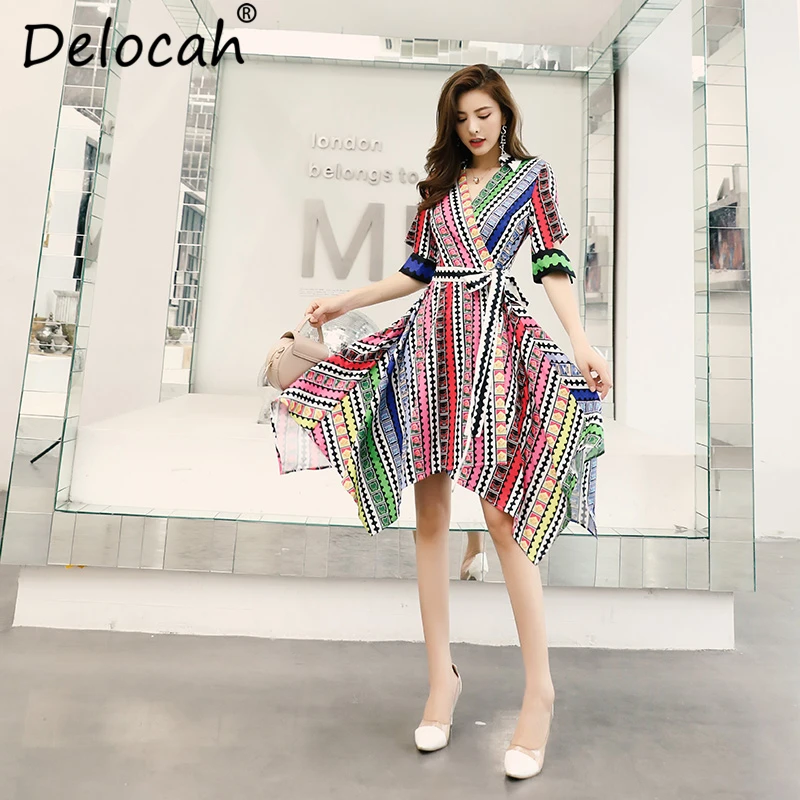 

Delocah 2019 Women Spring Summer Vintage Dress Runway Fashion V-Neck Bow Tie Striped Printed Elegant Asymmetrical Shirt Dresses