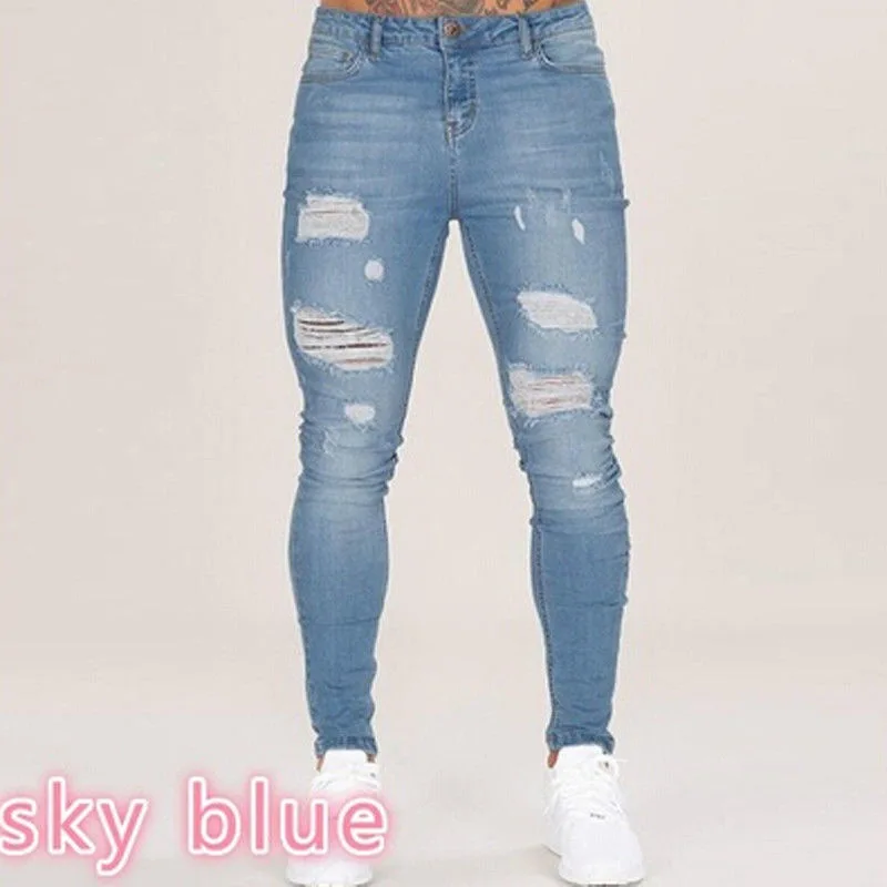 Х/б джинсы Для мужчин брюки больших размеров Винтаж отверстие крутые брюки для парней, лето в европейском и американском стиле Стиль размера плюс 3XL рваные джинсы Для мужчин - Цвет: Небесно-голубой