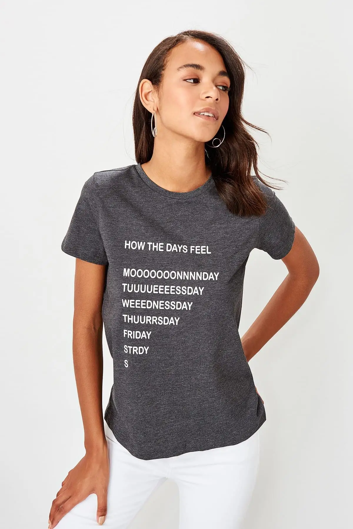 Trendyol Anthracite Printed Basic Knitted T-Shirts TWOSS19TS0235