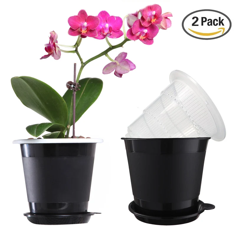 Meshpot 2PC 4 Inches Slotted Clear Orchid Pot With Holes Plasitc Flower