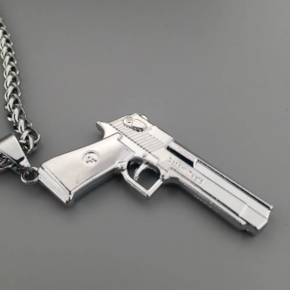 Silver Tone Gun Pendant Hip Hop Bling Pistol Charm Franco Link Chain