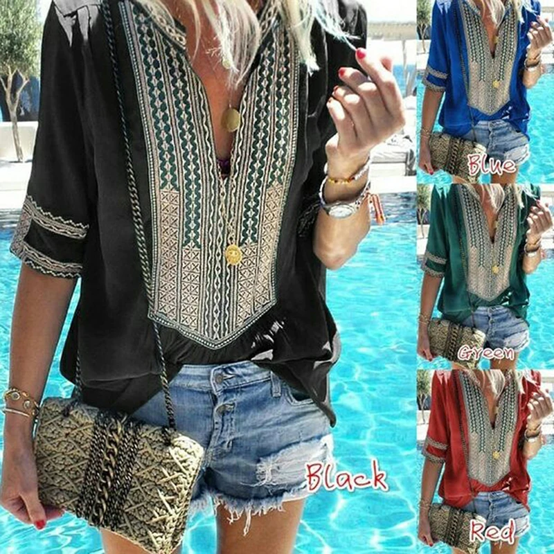 

Womens Boho V Neck Long Sleeve Tops Blouse Ladies Casual Loose Chiffon T Shirt