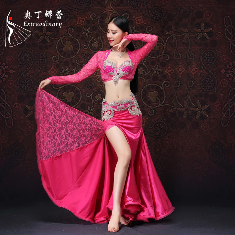 

Women Dance Costume Belly Dance Costume 4 pieces Top Bra Belt Skirt