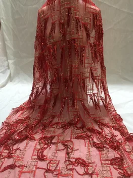 

African Lace Fabric With Sequins 5 Yards/lot 2018 Hot Red Gold Fabric High Quality Tulle Sequins Lace Fabric For Evening Dress