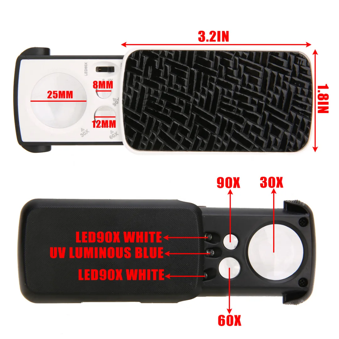 Jeweler Magnifier Jeweler Loupe LED Slide Loupe Pocket Magnifying 30/60/90X Jeweler Magnifier Glass UV LED Slide Light Loupe