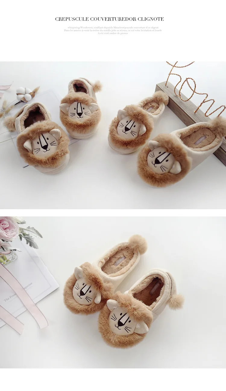Kawaii/домашние тапочки с изображением Льва; женская обувь; зимняя теплая Домашняя обувь в японском стиле; женские нескользящие тапочки из плюша и хлопка с рисунком для спальни