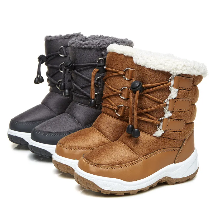 

2018 Girl Shoes New Boys Snow Boots Brown Grey Kids Winter Warm Comfortable Flat Children Boots Mid-calf Student Shoes Free ship