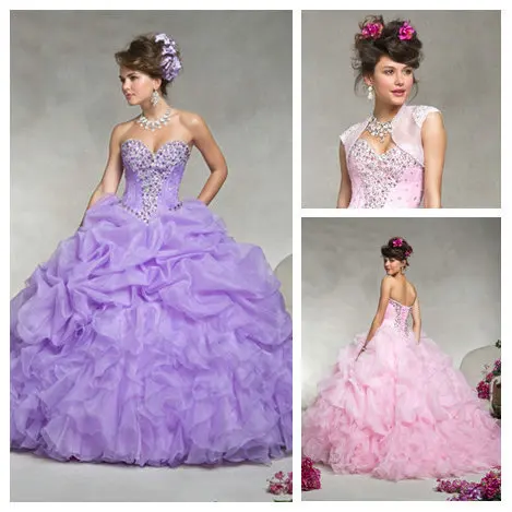 

New Arrival 2014 Beauty Western Style Ball Gown Princess Organza Skirt Prom Dresses Pink Lilac Quinceanera Dresses 2014