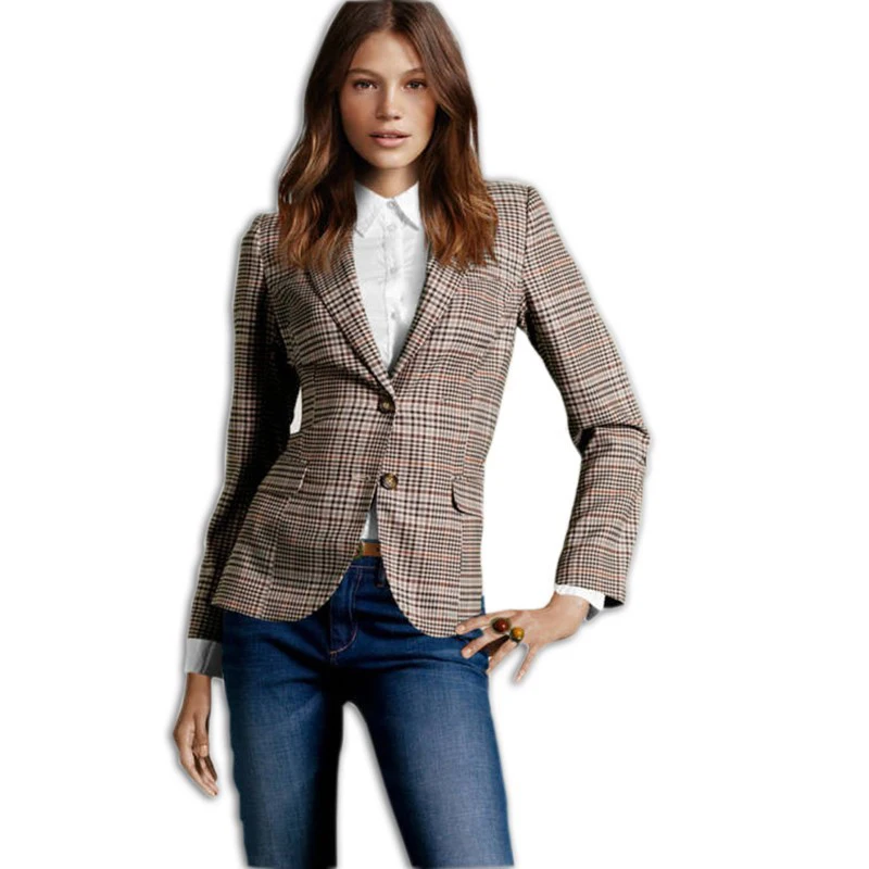 Autumn Womens Vintage Slim Plaid Elbow Patch Blazer 2015  