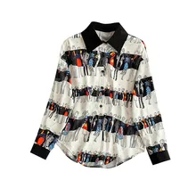 NiceMix Chic Contrast Color Lapel Long Sleeve Loose Skinny Cartoon Print Lazy Wind Shirt 2019 Spring Summer New Women Blouse Top women s chic geometrical print color block skinny leggings