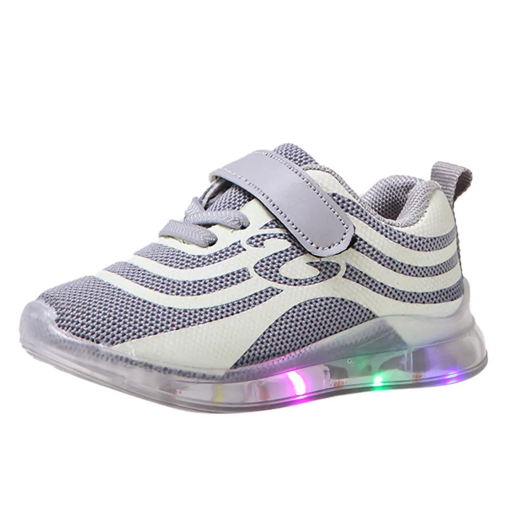 Детские кроссовки; Детские носовые теннисные кроссовки с резиновой подошвой и нескользящей подошвой для мальчиков и девочек; сетчатые светящиеся спортивные кроссовки для бега - Цвет: Gray