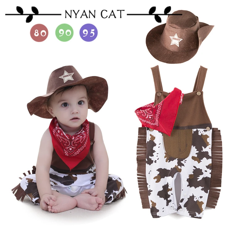 Baby Boy Romper Costume Infant Toddler Boy Girl Cowboy Clothing Set 3pcs Hat Scarf Romper Halloween