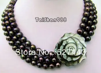 

Wholesale free shipping >>3 Rows Real 7-8 mm Black Pearl 18KWGP Shell Flower Clasp Necklace