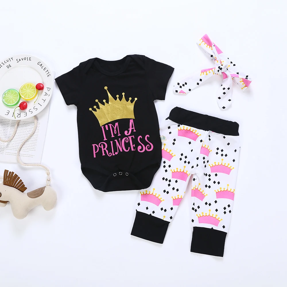 

Baby Girl Romper set Short sleeve summer clothing set Crown i am a princess letter baby clothes jumpsuits bodykit suits