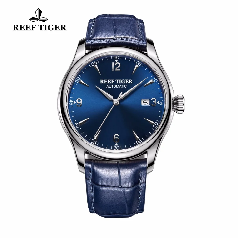 

Reef Tiger/RT Dress Men's Automatic Watches Stainless Steel Blue Dial Leather Strap Watch with Date RGA823G