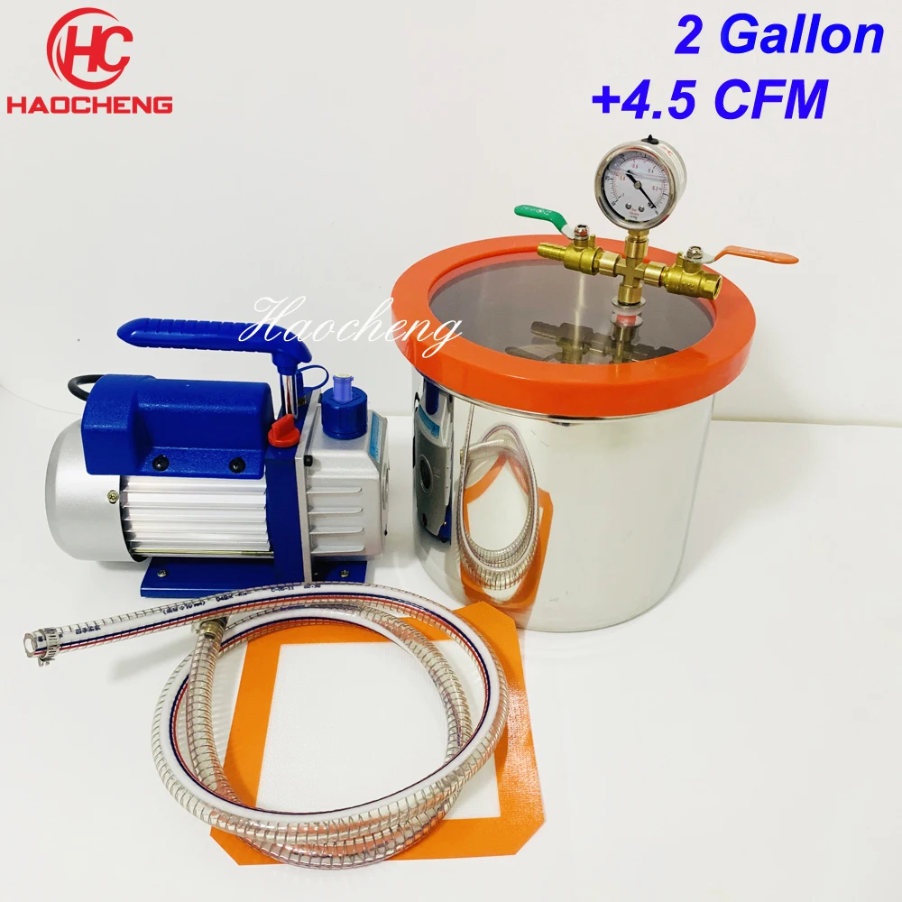 

Free Shipping 2.1 Gal (8L) Vacuum Chamber Kit with 4.5CFM 220V Vacuum Pump,25cm*20cm Stainless Steel Degassing Chamber