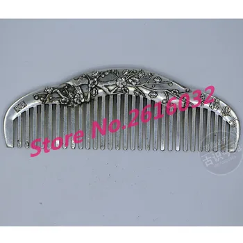 

Collectibles Old Decorated Handwork Miao Silver Carving Plum blossom Comb metal handicraft Comb