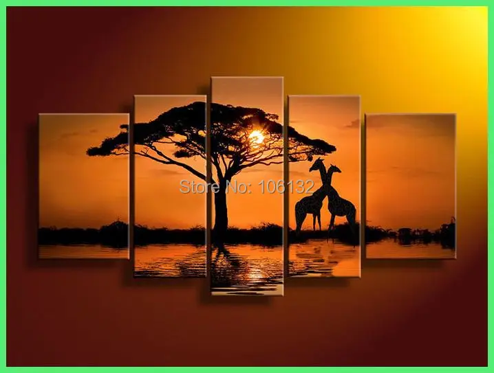 Framed 5 Panel Large Africa Landscape Oil Painting on Canvas Art South