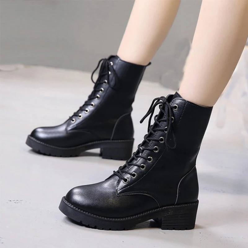 Fashion Women Mid Calf Boots Lace up Round Toe Sewing Decor 5CM Med