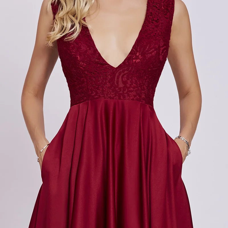 Tanpell сексуальное вечернее платье с v-образным вырезом, красное платье без рукавов длиной до пола, платье трапециевидной формы, недорогое женское кружевное длинное вечернее платье для выпускного вечера es
