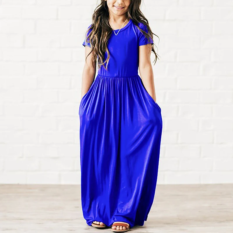 Одежда для девочек-подростков; однотонное детское длинное платье из мягкого хлопка с карманами; летнее пляжное платье с короткими рукавами для девочек